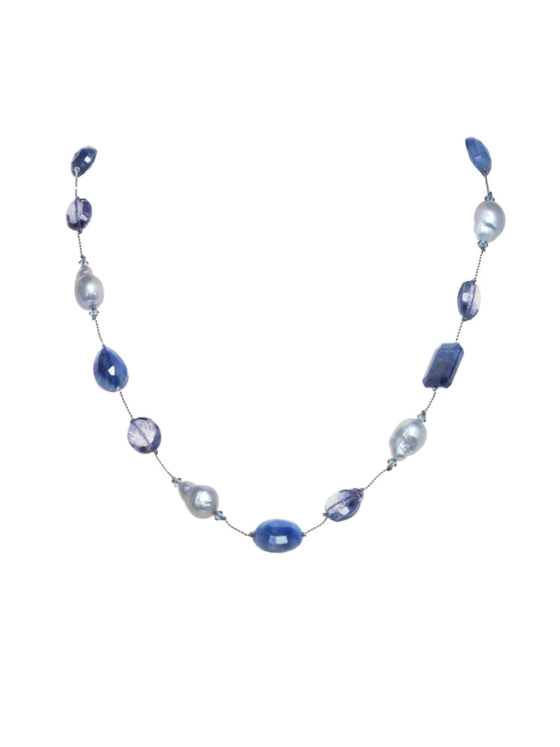 Margo Morrison Blue Sapphire, Grey Pearl, Blue Quartz Necklace