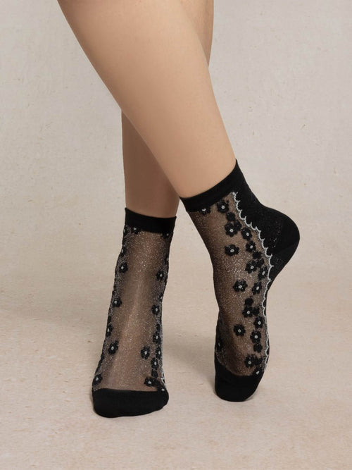 Bleuforêt Black ankle sock with floral pattern