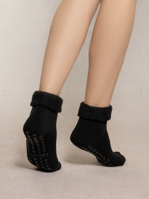Bleuforêt Non-Slip Brushed Socks with Fluffy Detail Trim - Black