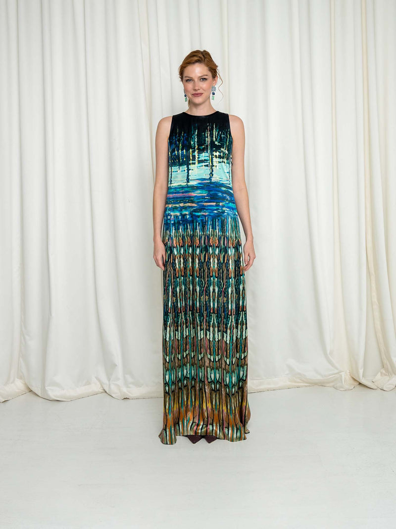 Mi Jong Lee Long Trapeze Gown with Back Cascade Detail