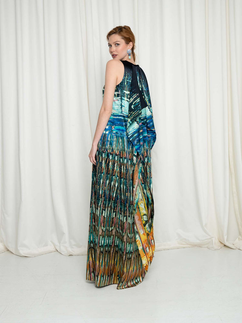 Mi Jong Lee Long Trapeze Gown with Back Cascade Detail