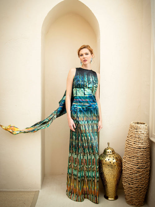 Mi Jong Lee Long Trapeze Gown with Back Cascade Detail
