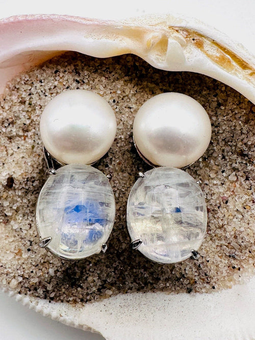 JMNYC Fresh Water Pearl & Rainbow Moonstone Sterling Post Earring