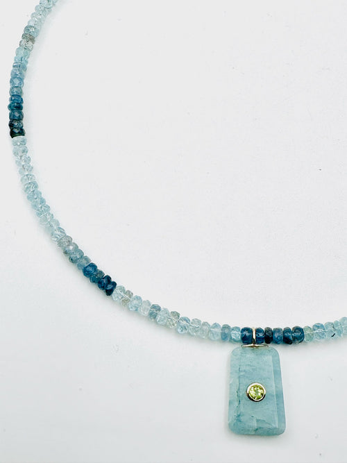 JMNYC Faceted Moss Aquamarine Rondelle Necklace with Trapezoid Pendant