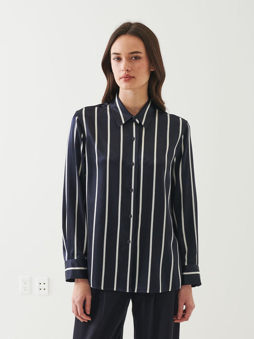 Patrick Assaraf Long Sleeve Silk Satin Boyfriend Shirt