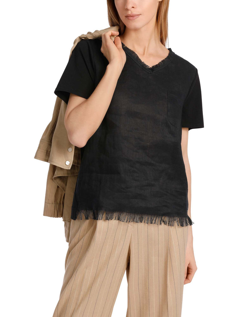 Marc Cain V-Neck in Mixed Materials with Fringe