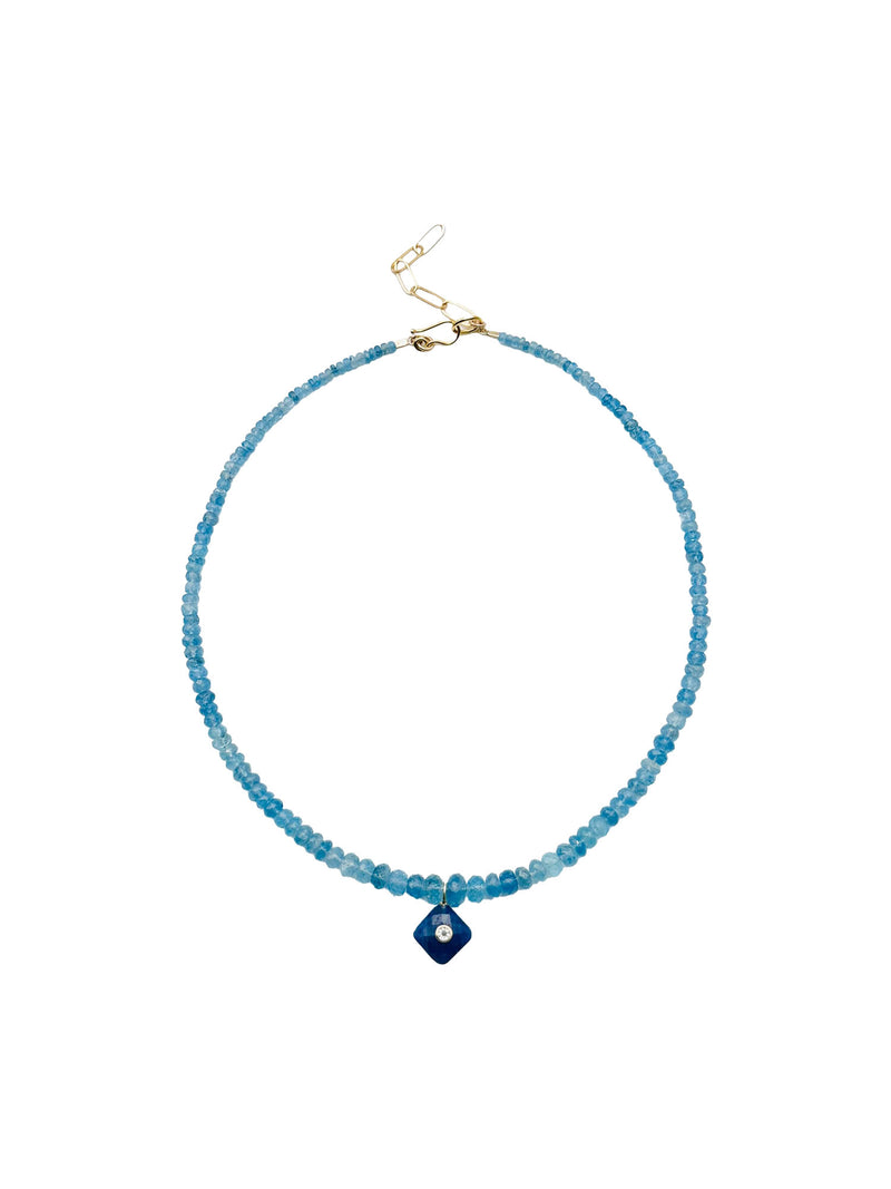 JMNYC Faceted Deep Aquamarine Rondelle wtih Square Sapphire Pendant