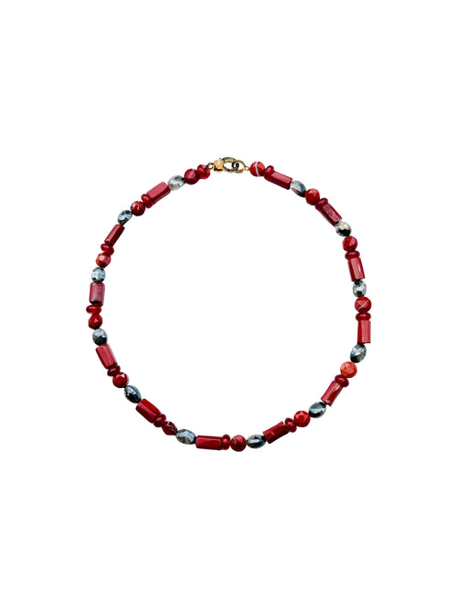 JMNYC Red Jasper, Carnelian and Mystic Grey Moonstone Necklace with Vermeil and Sterling Silver Diamond Clasp