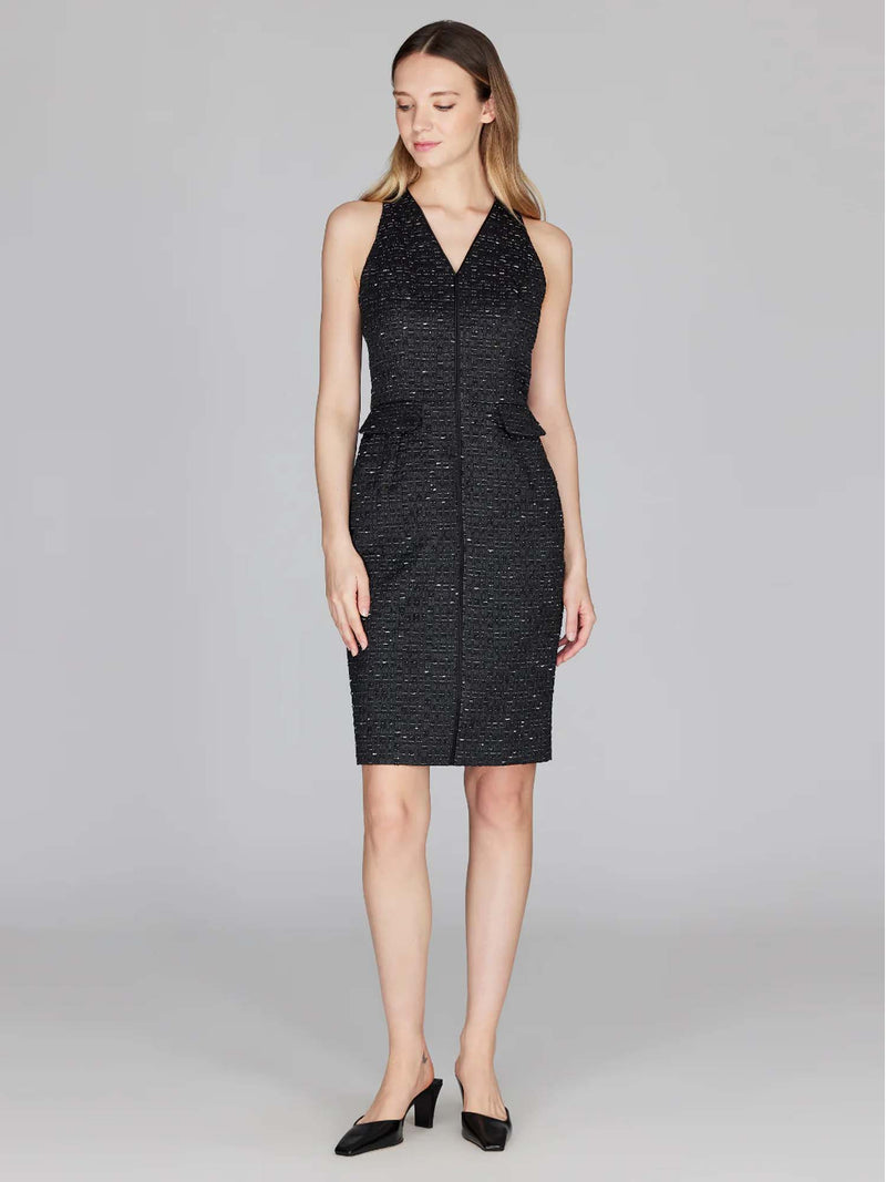 Mi Jong Lee Metallic Tweed V-Neck Fitted Dress