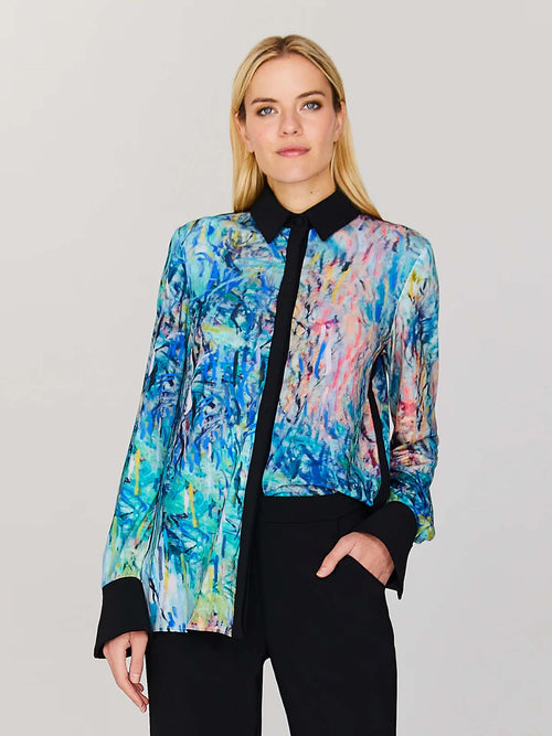 Mi Jong Lee Abstract Willow Collared Shirt Turquoise Multi