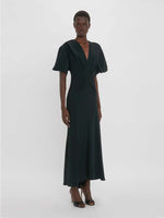 Victoria Beckham Gathered V-Neck Midi Dress