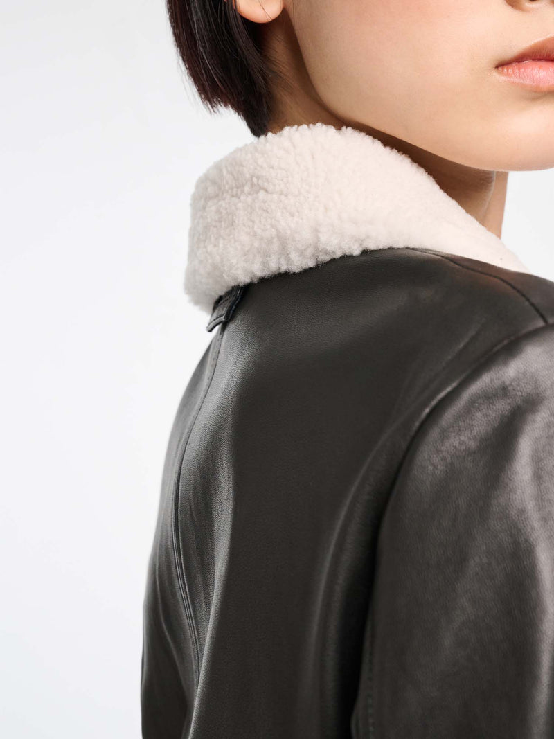 Dorothee Schumacher Sleek Statement Leather Jacket with Shearling Collar