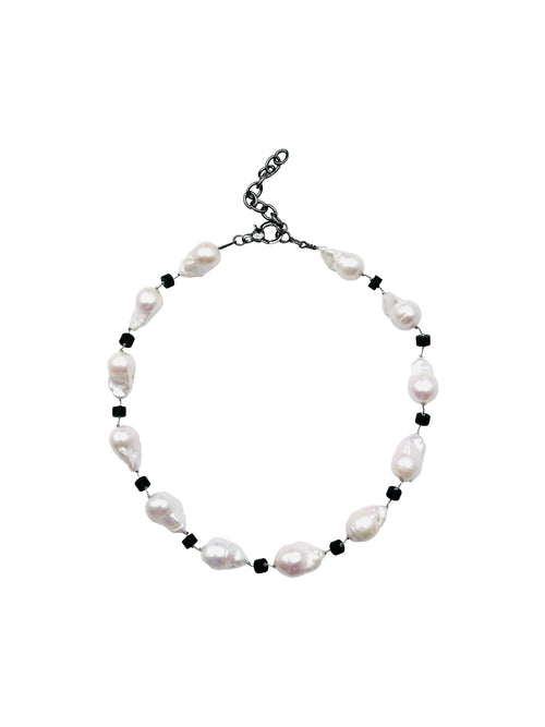 JMNYC White Baroque Pearl and Matte Black Onyx Tube Necklace