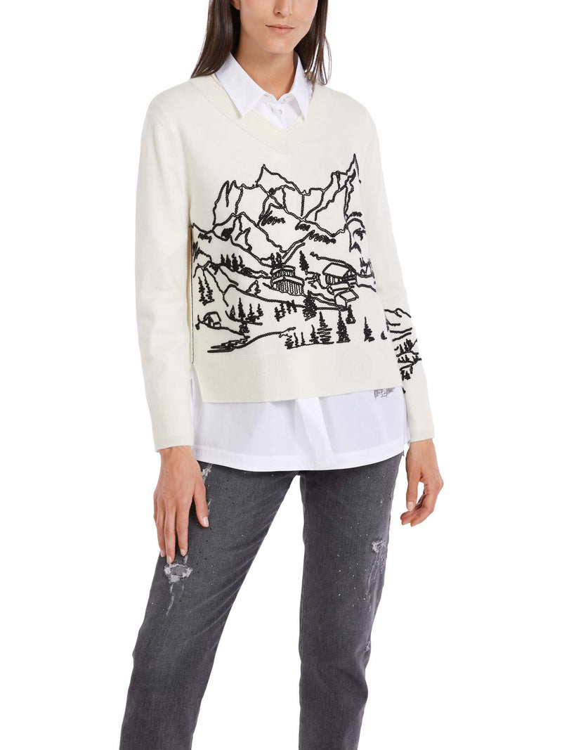 Marc Cain "Rethink Together" V-Neck Mountain Print Sweater