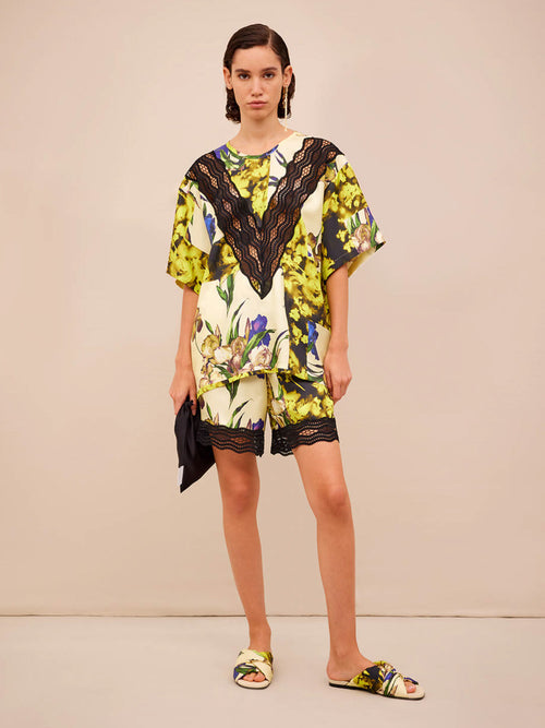 Erika Cavallini Floral Print Silk Shorts with Lace Trim