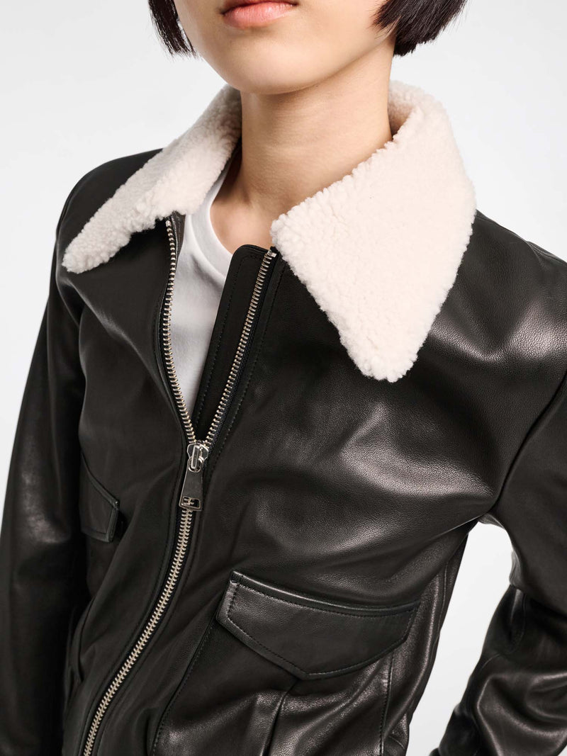 Dorothee Schumacher Sleek Statement Leather Jacket with Shearling Collar