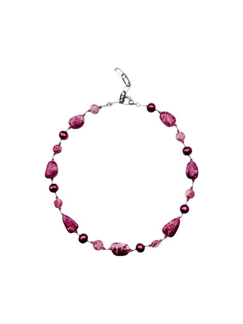 JMNYC Thiulite Strawberry Quartz and Red Freshwater Pearl Necklace