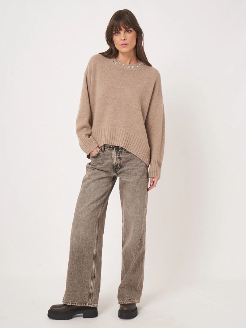 Repeat Oversized Knit Sweater with Rhinestone Detail