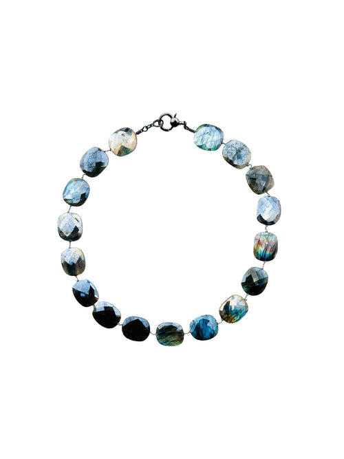 JMNYC Flat Faceted Mystic Labradorite Necklace with Sterling Silver Clasp