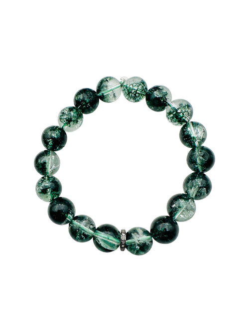 JMNYC Green Phantom Quartz Ball Stretch Bracelet with Sterling Silver Diamond Rondelle