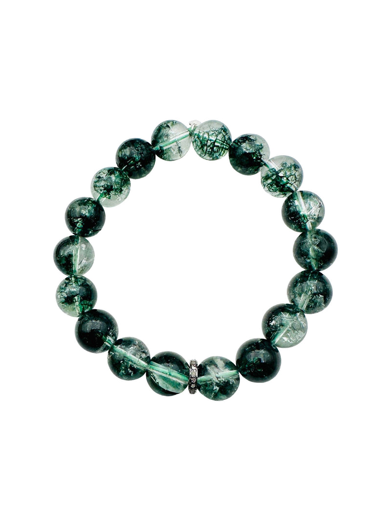JMNYC Green Phantom Quartz Ball Stretch Bracelet with Sterling Silver Diamond Rondelle