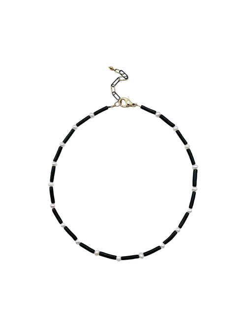 JMNYC Tube Shaped Black Coral and Freshwater Pearl Necklace with Gold Fill Clasp