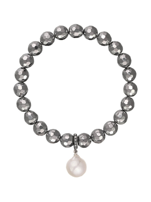 Margo Morrison Faceted Silver Pyrite, White Baroque Pearl, and Diamond Ring Bracelet