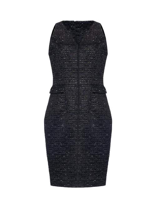 Mi Jong Lee Metallic Tweed V-Neck Fitted Dress