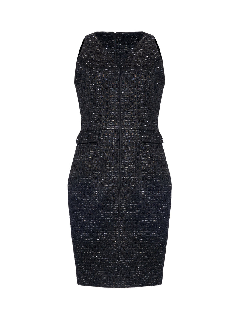 Mi Jong Lee Metallic Tweed V-Neck Fitted Dress