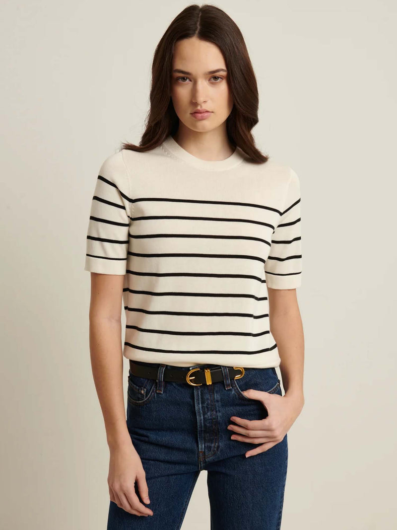Patrick Assaraf Short Sleeve Cupro Stripe Sweater