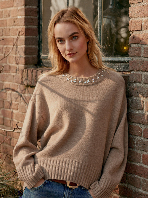 Repeat Oversized Knit Sweater with Rhinestone Detail