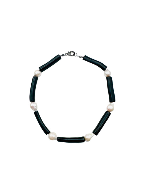 JMNYC Large Black Coral Tube Necklace with Medium White Baroque Pearls and Sterling Silver Clasp
