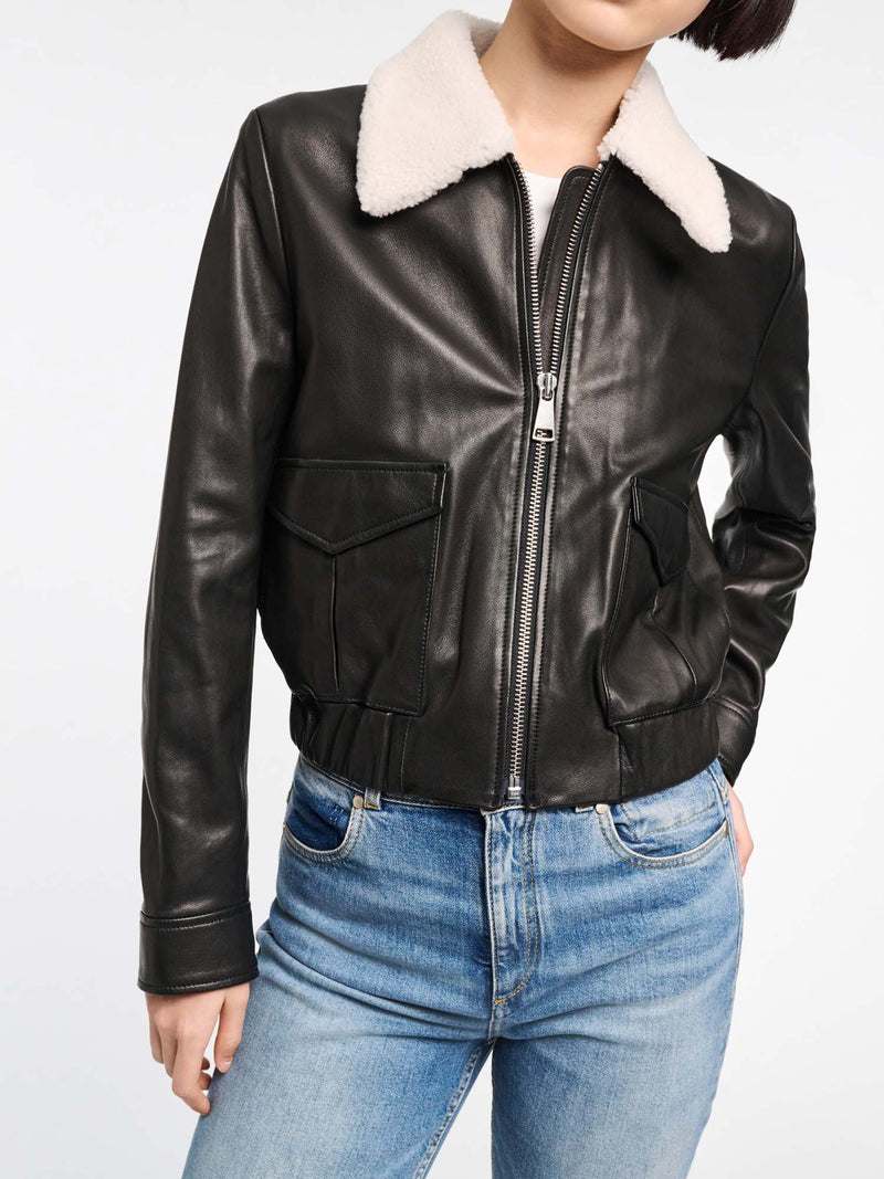 Dorothee Schumacher Sleek Statement Leather Jacket with Shearling Collar