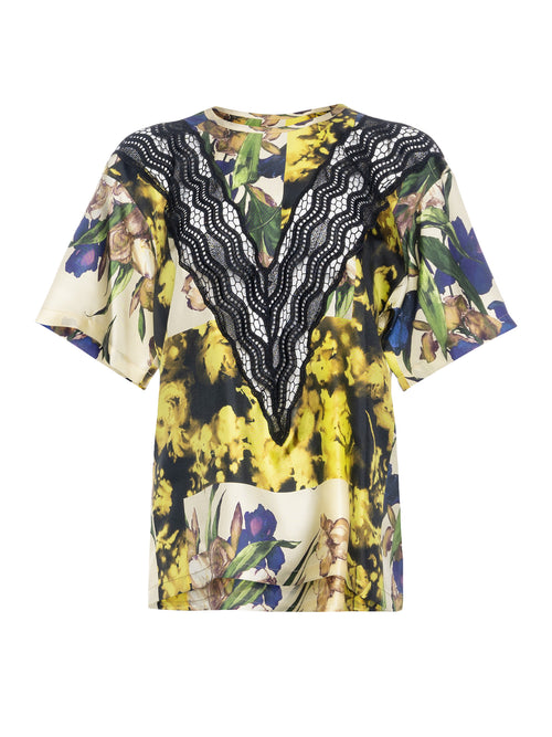Erika Cavallini Floral Silk Blouse with Lace Detail