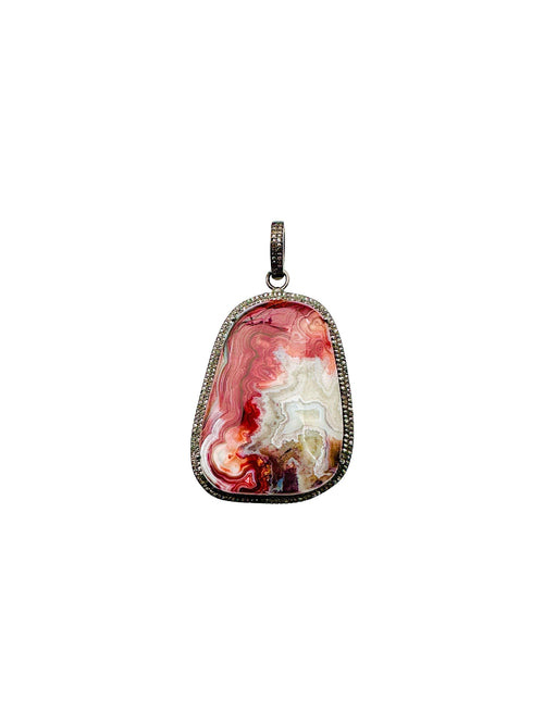 JMNYC Fire Agate and Two Row Diamond Sterling Silver Pendant