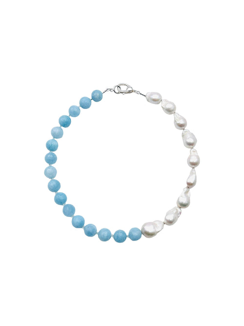 JMNYC White Freshwater Baroque Pearl and Faceted Aquamarine Ball Necklace