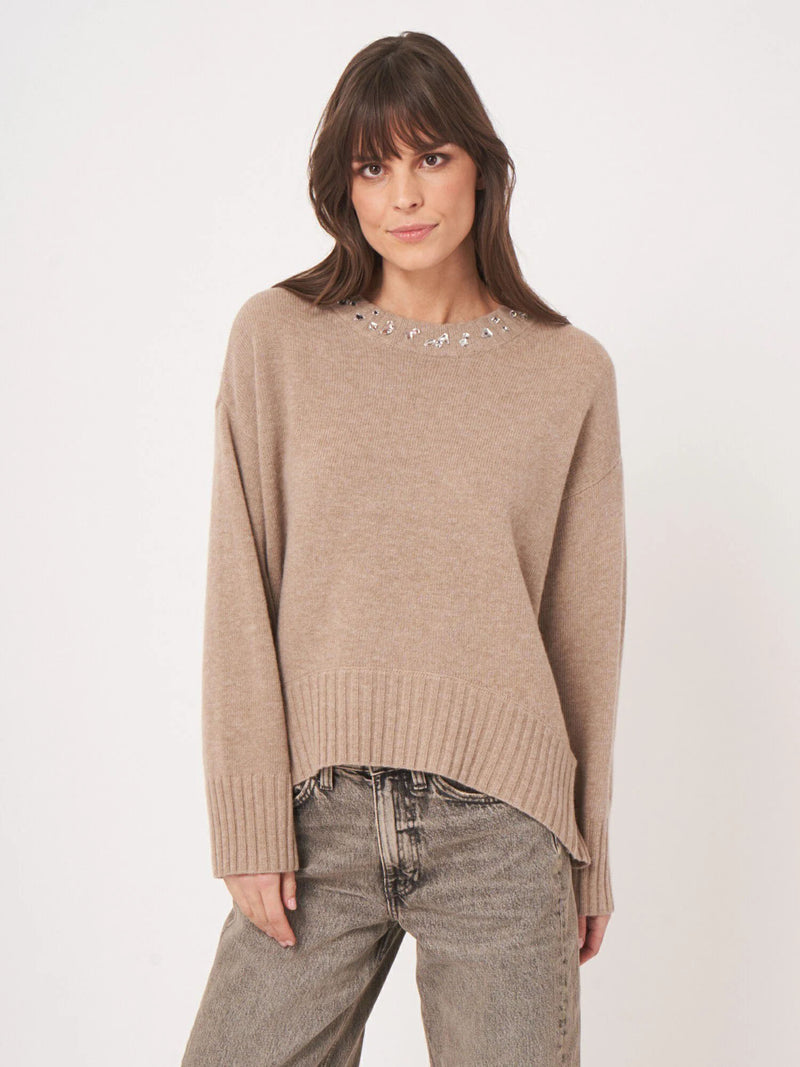 Repeat Oversized Knit Sweater with Rhinestone Detail
