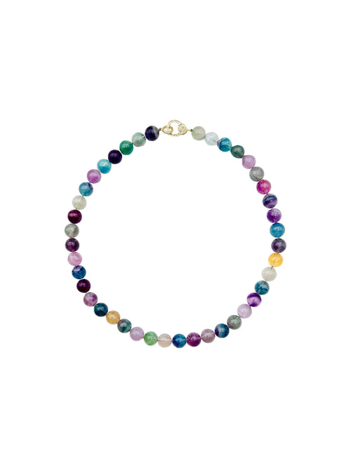 JMNYC Bright Rainbow Coloured Fluorite Ball Necklace with Vermeil Diamond Clasp