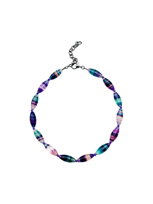 JMNYC Natural Barrel-Shaped Fluorite and Amethyst Necklace with Sterling Silver Clasp