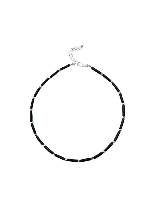 JMNYC Tube Shaped Black Coral and Silver Pyrite Necklace with Sterling Silver Clasp