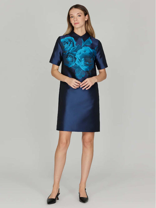 Mi Jong Lee Shadow Rose Jacquard Collared Shift Dress