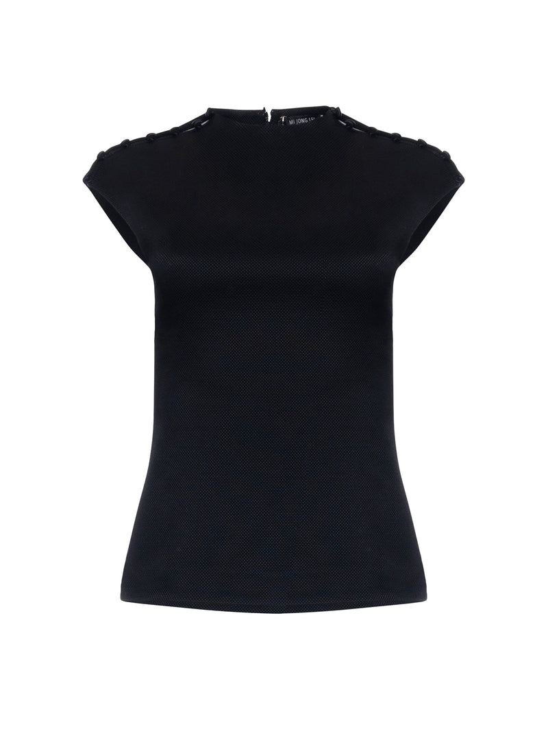 Mi Jong Lee Mock Neck Top with Satin Button Detail