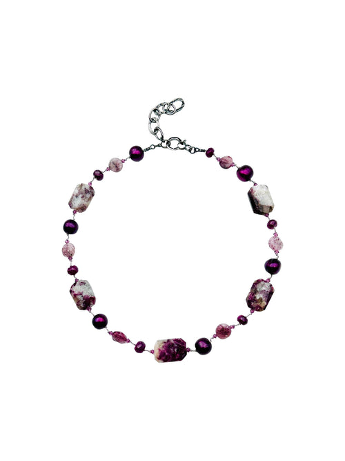 JMNYC Faceted Ruby, Ruby Tourmaline, Strawberry Quartz and Freshwater Pearl Necklace