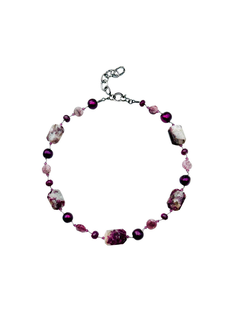 JMNYC Faceted Ruby, Ruby Tourmaline, Strawberry Quartz and Freshwater Pearl Necklace