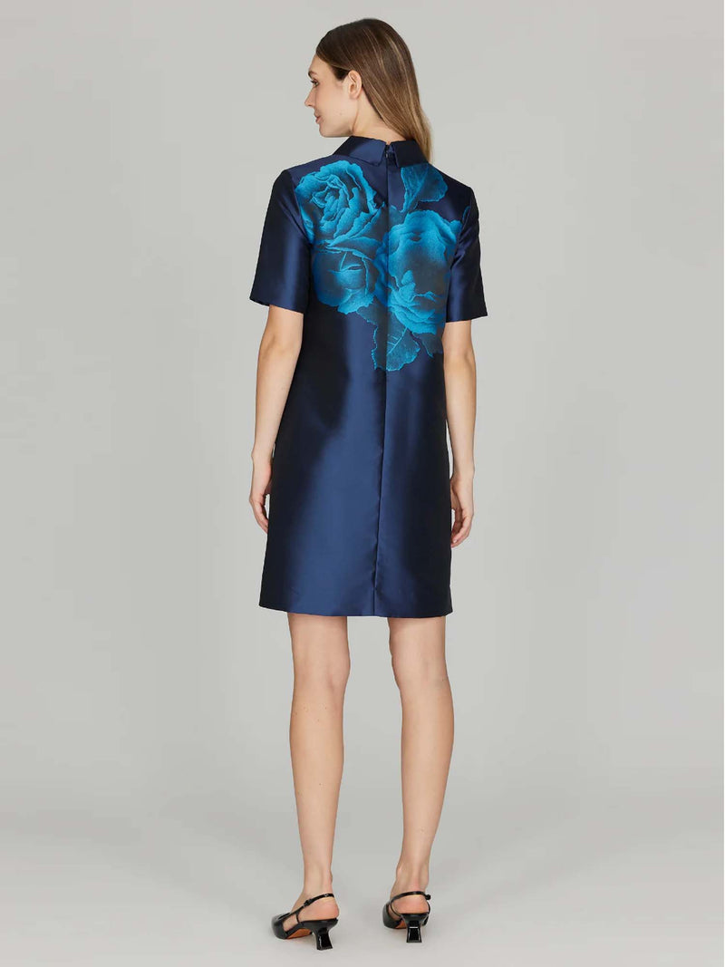 Mi Jong Lee Shadow Rose Jacquard Collared Shift Dress