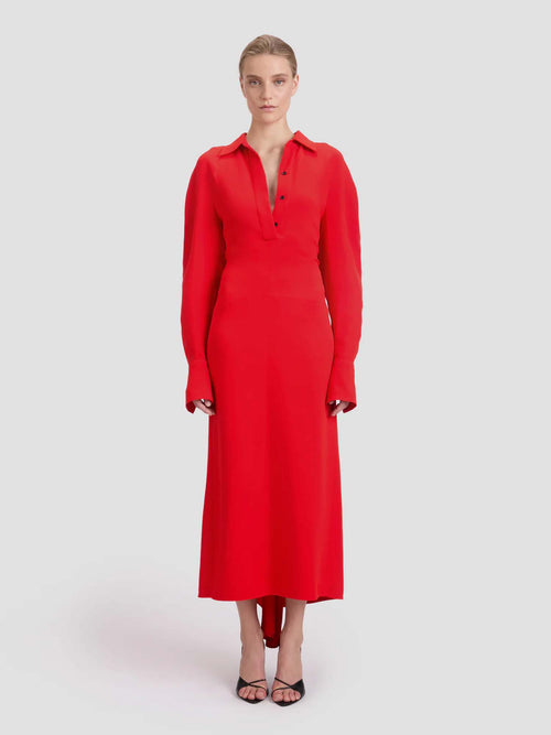 Victoria Beckham Long Sleeve Polo Collar Midi Dress