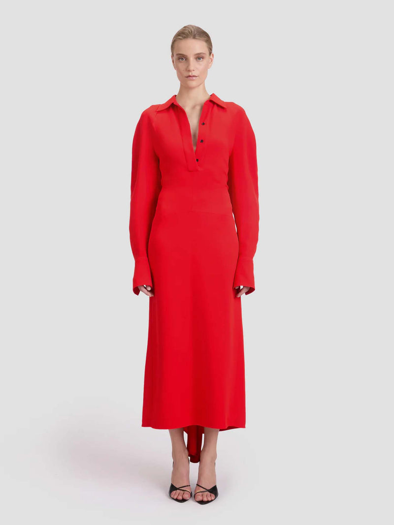 Victoria Beckham Long Sleeve Polo Collar Midi Dress