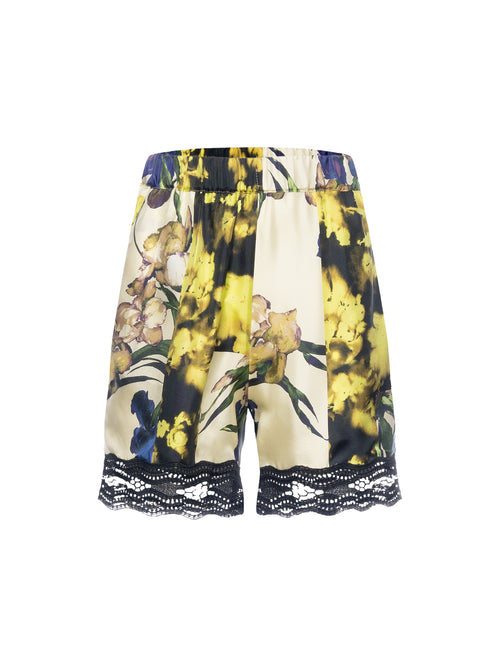 Erika Cavallini Floral Print Silk Shorts with Lace Trim
