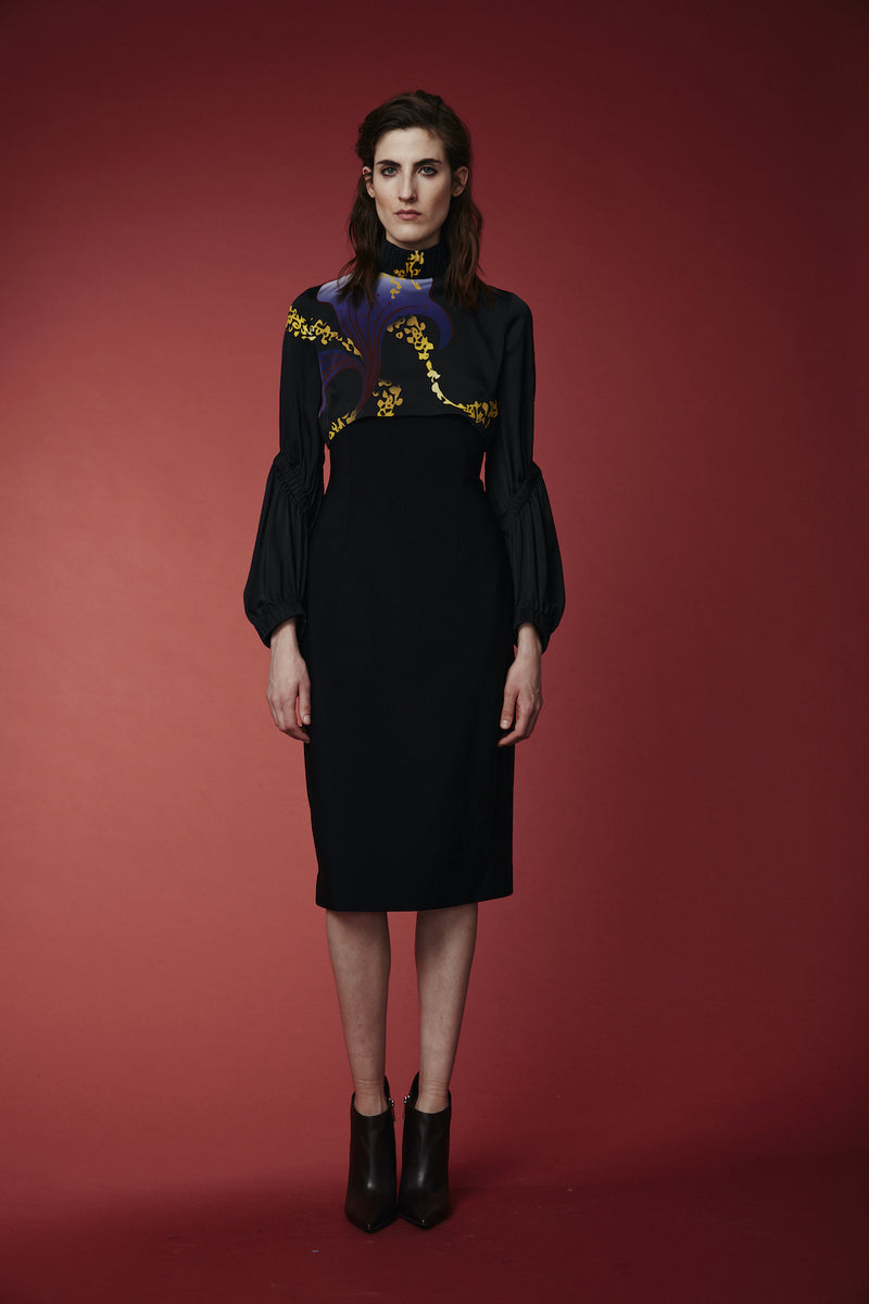 Mi Jong Lee Scuba Dress with Silk Blouse Detail