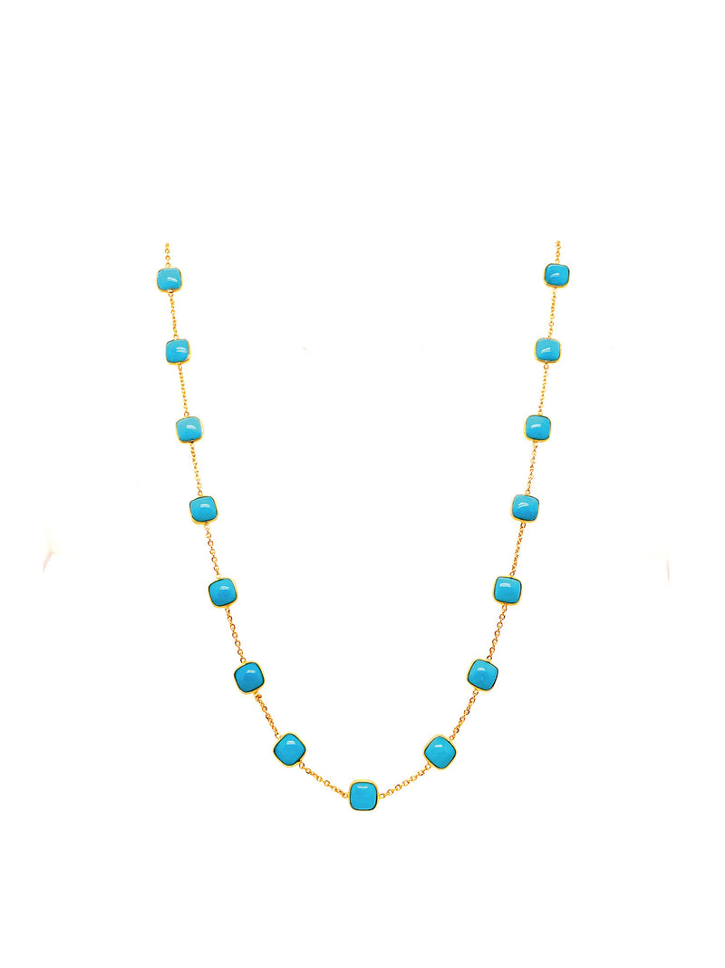Margo Morrison Natural Turquoise Square Station Necklace 18kt Yellow Gold